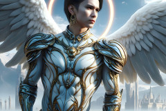 Male Angels of the Holy Divine - The Mighty & The Powerful: AI Fantasy Photos of Handsome Male Angels in Elegant Divine Armor,living in the golden city,with Vibrant Holy Wings.