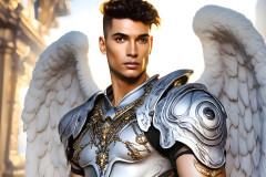 Male Angels of the Holy Divine - The Mighty & The Powerful: AI Fantasy Photos of Handsome Male Angels in Elegant Divine Armor,living in the golden city,with Vibrant Holy Wings.