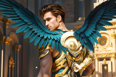 Male Angels of the Holy Divine - The Mighty & The Powerful: AI Fantasy Photos of Handsome Male Angels in Elegant Divine Armor,living in the golden city,with Vibrant Holy Wings.