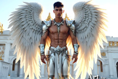 Male Angels of the Holy Divine - The Mighty & The Powerful: AI Fantasy Photos of Handsome Male Angels in Elegant Divine Armor,living in the golden city,with Vibrant Holy Wings.