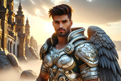 Male Angels of the Holy Divine - The Mighty & The Powerful: AI Fantasy Photos of Handsome Male Angels in Elegant Divine Armor,living in the golden city,with Vibrant Holy Wings.