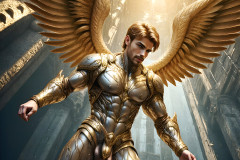 Male Angels of the Holy Divine - The Mighty & The Powerful: AI Fantasy Photos of Handsome Male Angels in Elegant Divine Armor,living in the golden city,with Vibrant Holy Wings.