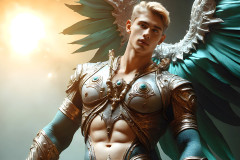 Male Angels of the Holy Divine - The Mighty & The Powerful: AI Fantasy Photos of Handsome Male Angels in Elegant Divine Armor,living in the golden city,with Vibrant Holy Wings.