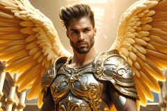 Male Angels of the Holy Divine - The Mighty & The Powerful: AI Fantasy Photos of Handsome Male Angels in Elegant Divine Armor,living in the golden city,with Vibrant Holy Wings.