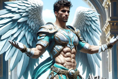 Male Angels of the Holy Divine - The Mighty & The Powerful: AI Fantasy Photos of Handsome Male Angels in Elegant Divine Armor,living in the golden city,with Vibrant Holy Wings.