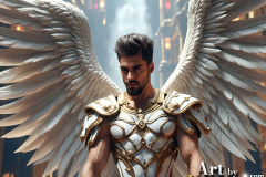 Male Angels of the Holy Divine - The Mighty & The Powerful: AI Fantasy Photos of Handsome Male Angels in Elegant Divine Armor,living in the golden city,with Vibrant Holy Wings.