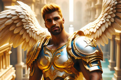 Male Angels of the Holy Divine - The Mighty & The Powerful: AI Fantasy Photos of Handsome Male Angels in Elegant Divine Armor,living in the golden city,with Vibrant Holy Wings.