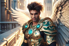 Male Angels of the Holy Divine - The Mighty & The Powerful: AI Fantasy Photos of Handsome Male Angels in Elegant Divine Armor,living in the golden city,with Vibrant Holy Wings.