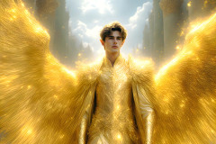 Male Angels of the Holy Divine - The Mighty & The Powerful: AI Fantasy Photos of Handsome Male Angels in Elegant Divine Armor,living in the golden city,with Vibrant Holy Wings.