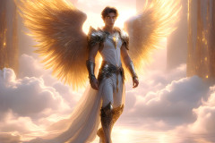 Male Angels of the Holy Divine - The Mighty & The Powerful: AI Fantasy Photos of Handsome Male Angels in Elegant Divine Armor,living in the golden city,with Vibrant Holy Wings.