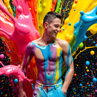 Paint Splat Fun - AI Photos of Hot men having fun with body paint.