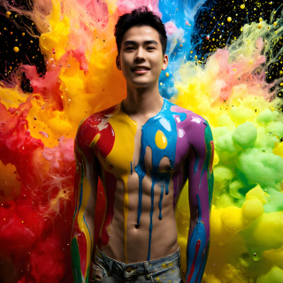 Paint Splat Fun - AI Photos of Hot men having fun with body paint.