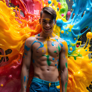 Paint Splat Fun - AI Photos of Hot men having fun with body paint.