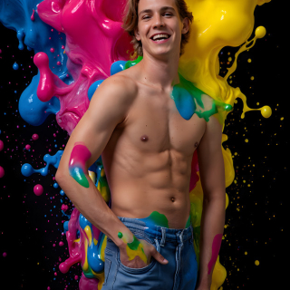 Paint Splat Fun - AI Photos of Hot men having fun with body paint.