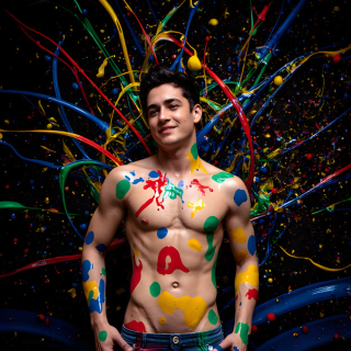 Paint Splat Fun - AI Photos of Hot men having fun with body paint.