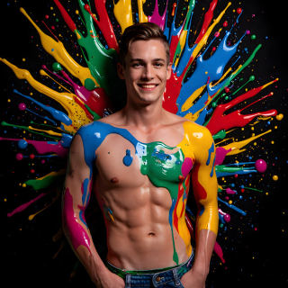 Paint Splat Fun - AI Photos of Hot men having fun with body paint.