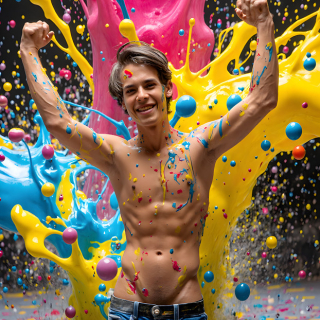 Paint Splat Fun - AI Photos of Hot men having fun with body paint.