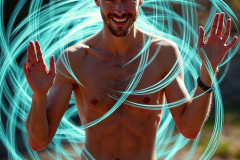 Photos of Handsome Shirtless Men Dancing with Light Rays,Colorful,in Motion.