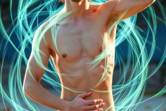 Photos of Handsome Shirtless Men Dancing with Light Rays,Colorful,in Motion.