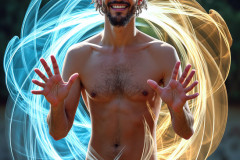 Photos of Handsome Shirtless Men Dancing with Light Rays,Colorful,in Motion.