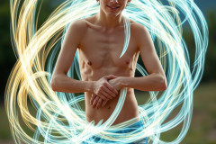 Photos of Handsome Shirtless Men Dancing with Light Rays,Colorful,in Motion.
