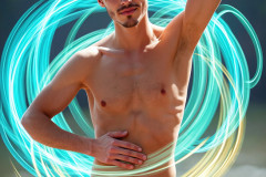 Photos of Handsome Shirtless Men Dancing with Light Rays,Colorful,in Motion.