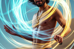 Photos of Handsome Shirtless Men Dancing with Light Rays,Colorful,in Motion.