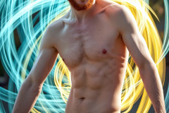 Photos of Handsome Shirtless Men Dancing with Light Rays,Colorful,in Motion.