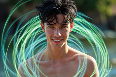 Photos of Handsome Shirtless Men Dancing with Light Rays,Colorful,in Motion.