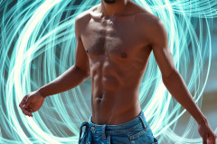 Photos of Handsome Shirtless Men Dancing with Light Rays,Colorful,in Motion.