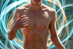 Photos of Handsome Shirtless Men Dancing with Light Rays,Colorful,in Motion.