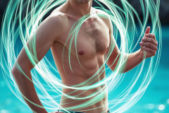 Photos of Handsome Shirtless Men Dancing with Light Rays,Colorful,in Motion.