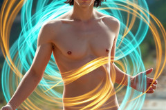 Photos of Handsome Shirtless Men Dancing with Light Rays,Colorful,in Motion.