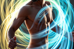 Photos of Handsome Shirtless Men Dancing with Light Rays,Colorful,in Motion.