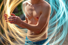Photos of Handsome Shirtless Men Dancing with Light Rays,Colorful,in Motion.
