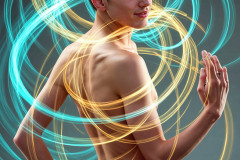 Photos of Handsome Shirtless Men Dancing with Light Rays,Colorful,in Motion.