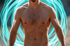 Photos of Handsome Shirtless Men Dancing with Light Rays,Colorful,in Motion.