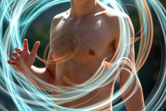 Photos of Handsome Shirtless Men Dancing with Light Rays,Colorful,in Motion.