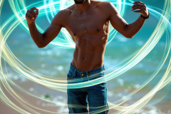 Photos of Handsome Shirtless Men Dancing with Light Rays,Colorful,in Motion.