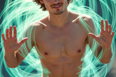 Photos of Handsome Shirtless Men Dancing with Light Rays,Colorful,in Motion.