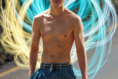 Photos of Handsome Shirtless Men Dancing with Light Rays,Colorful,in Motion.