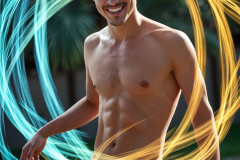 Photos of Handsome Shirtless Men Dancing with Light Rays,Colorful,in Motion.