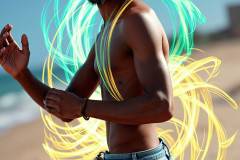 Photos of Handsome Shirtless Men Dancing with Light Rays,Colorful,in Motion.