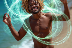 Photos of Handsome Shirtless Men Dancing with Light Rays,Colorful,in Motion.
