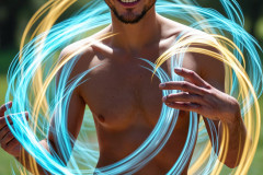 Photos of Handsome Shirtless Men Dancing with Light Rays,Colorful,in Motion.