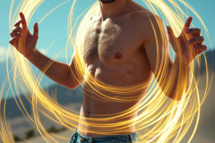 Photos of Handsome Shirtless Men Dancing with Light Rays,Colorful,in Motion.