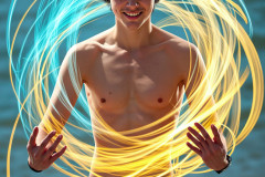 Photos of Handsome Shirtless Men Dancing with Light Rays,Colorful,in Motion.