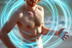 Photos of Handsome Shirtless Men Dancing with Light Rays,Colorful,in Motion.