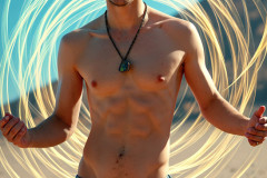 Photos of Handsome Shirtless Men Dancing with Light Rays,Colorful,in Motion.