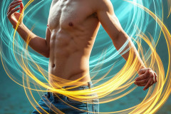 Photos of Handsome Shirtless Men Dancing with Light Rays,Colorful,in Motion.